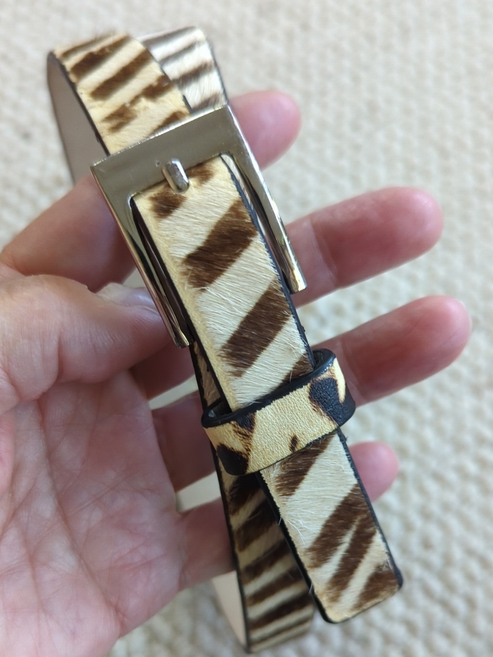 Brown and Cream Calf Fur Zebra-Print Women's Belt